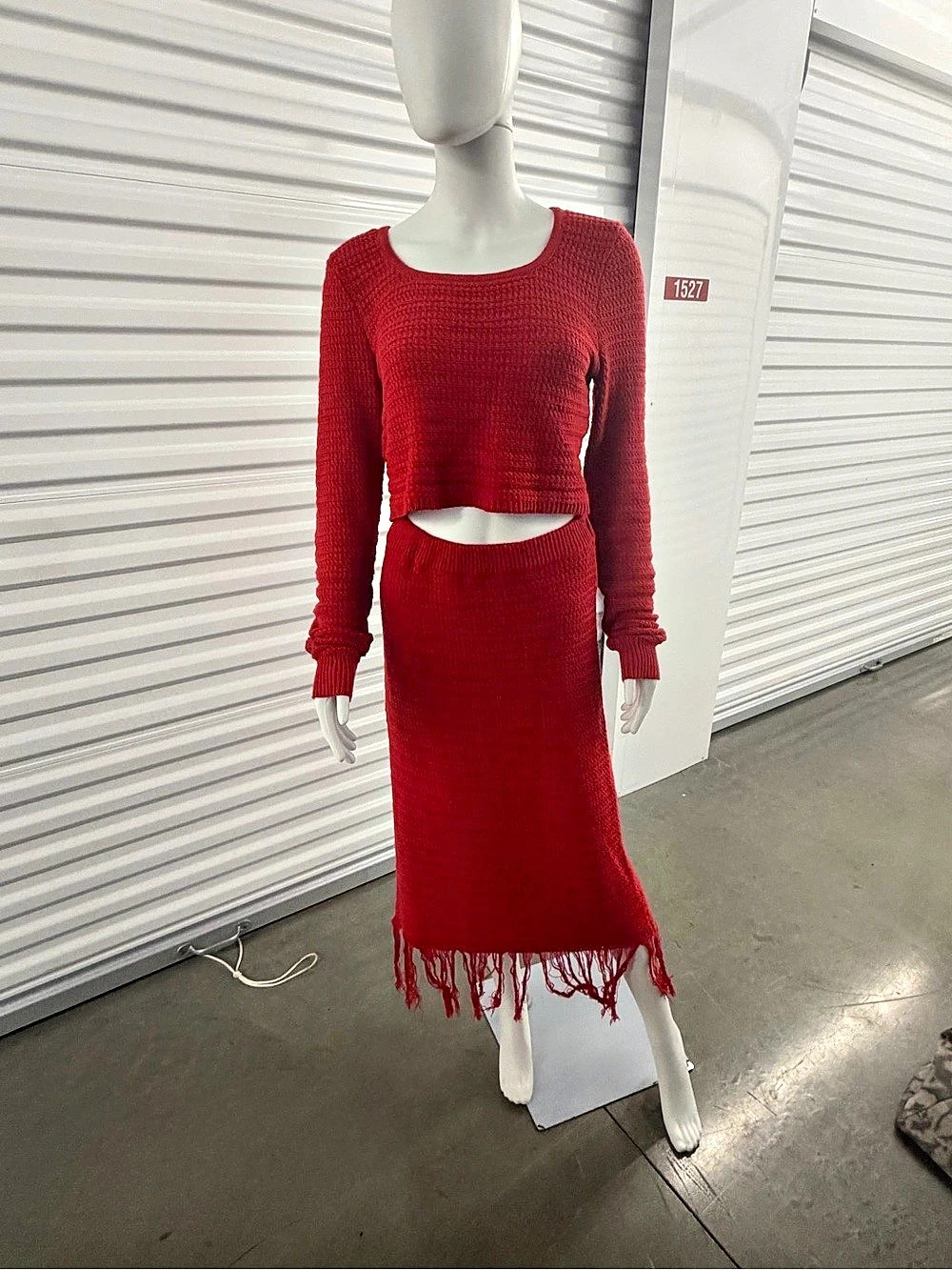 FRESHMAN 1996 RED CROCHET KNIT TWO PIECE CROP TOP MAXI SKIRT SET M
